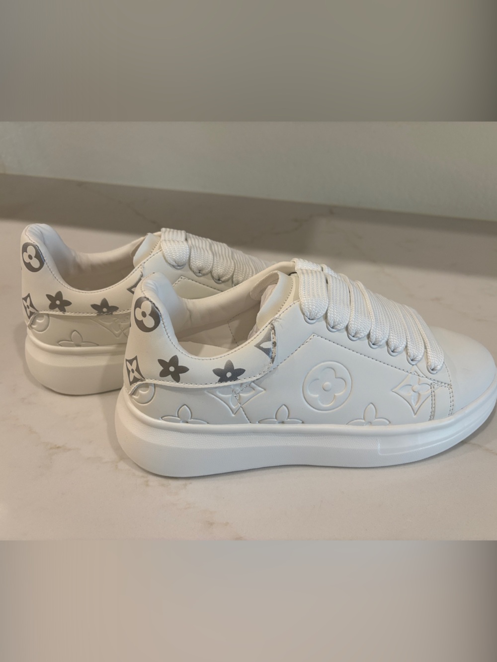 White Chunky Designer-Inspired Embossed Platform Sneakers